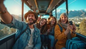 Tout le monde sourit dans l'autocar pour les vacances !