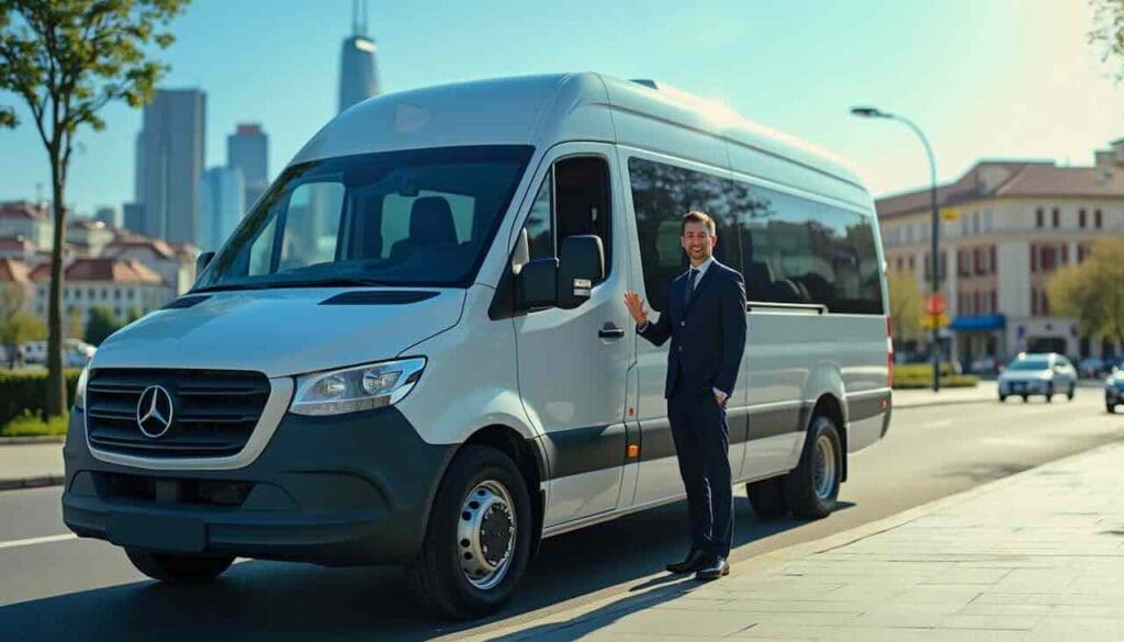 Le chauffeur devant son minibus de location