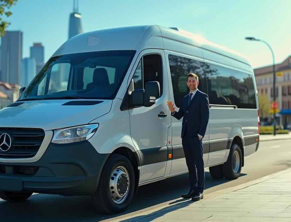 Le chauffeur devant son minibus de location