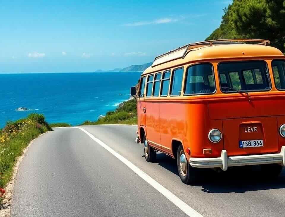 Un vieux minibus en direction des vacances
