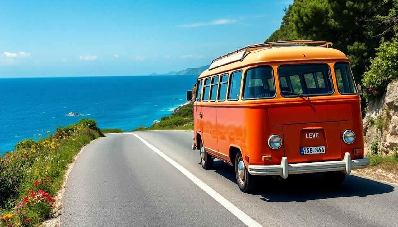 Un vieux minibus en direction des vacances